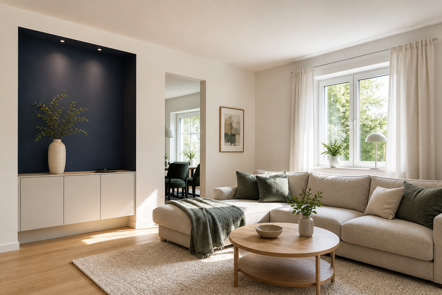 Modernes Wohnzimmer mit dunkelblauer Akzentnische und grünen Textilien